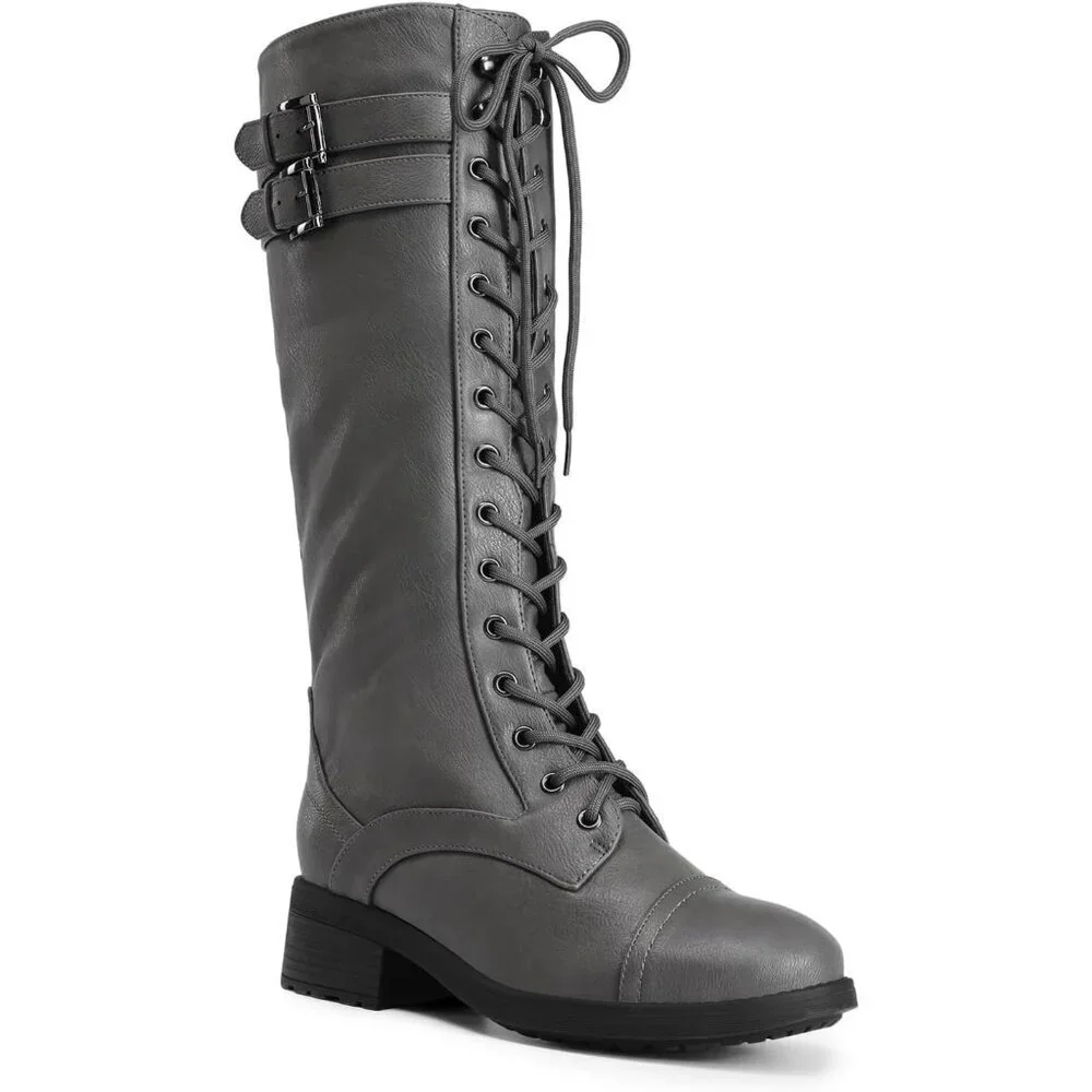 🆕Womens Polyurethane Pu Georgia Grey Double buckle Knee High Riding Combat Boot